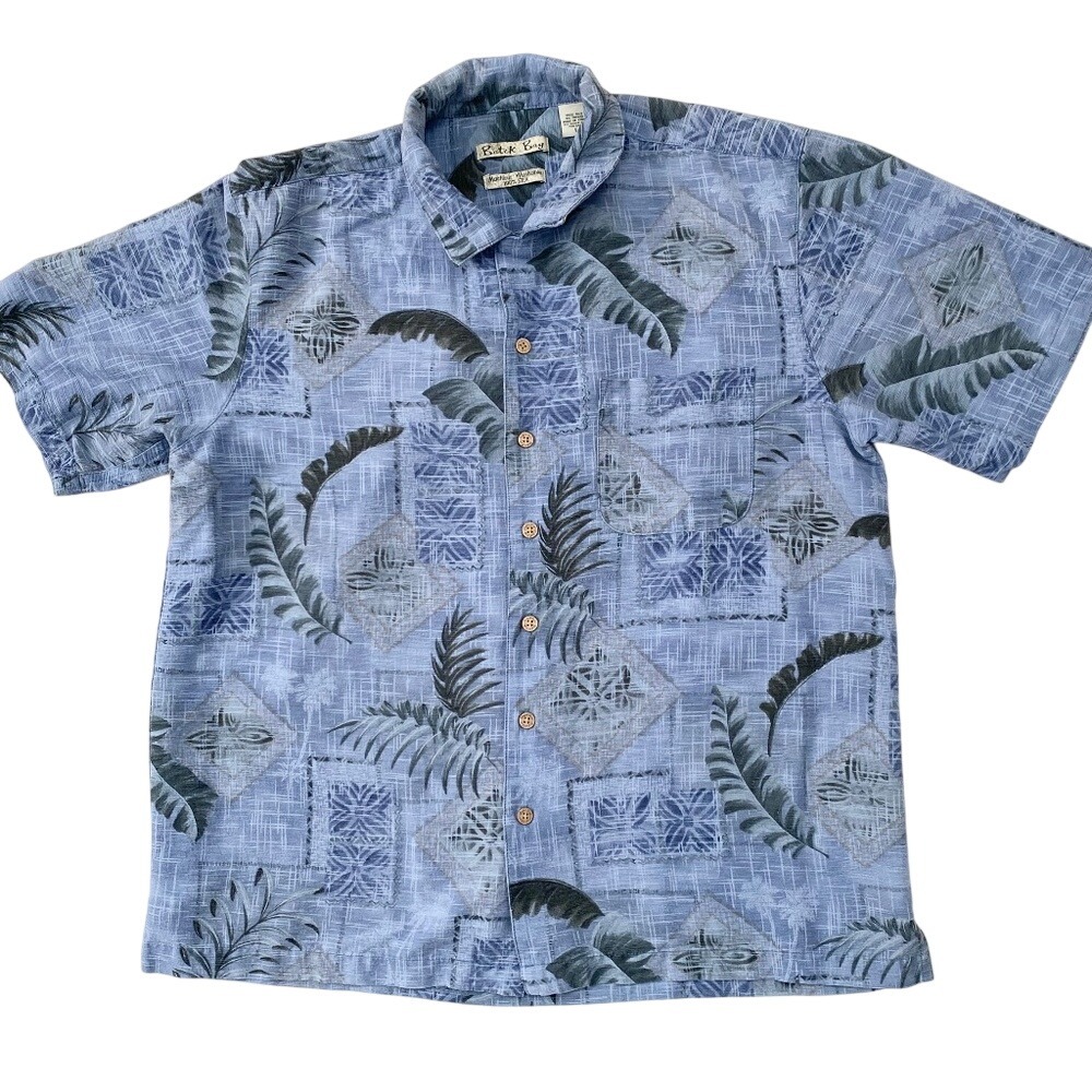 Batik Bay Blue Hawaiian Button-Down Short Sleeve 100%‎ Silk Shirt Large